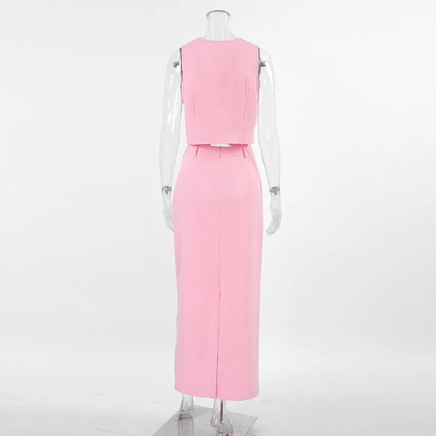 Fashionable Casual Two Piece Skirt Set Sleeveless Vest Short Top+Split Waist Skirt Autumn Two-piece Outfit For Women