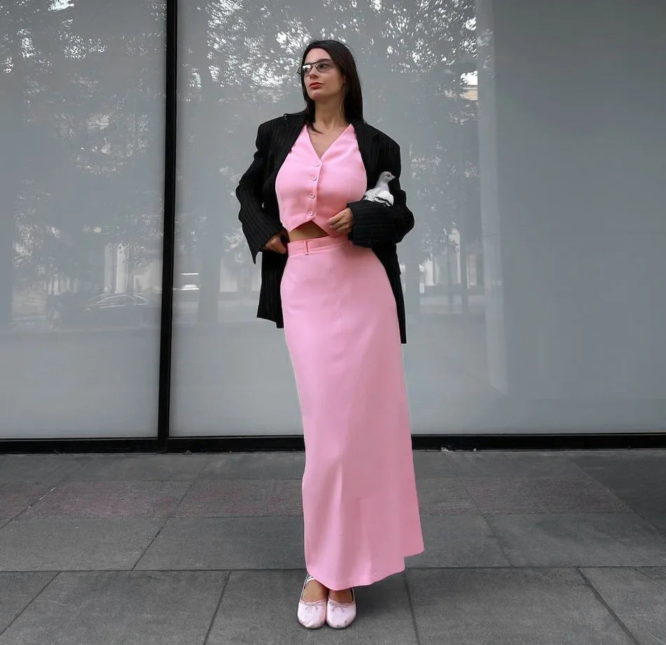 Fashionable Casual Two Piece Skirt Set Sleeveless Vest Short Top+Split Waist Skirt Autumn Two-piece Outfit For Women